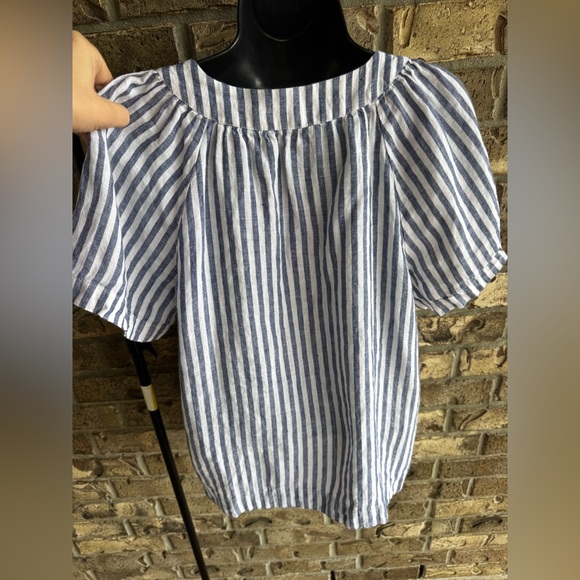 J. Crew Flutter-Sleeve Linen V-Neck Top Medium Blue White Stripe - Picture 6 of 14